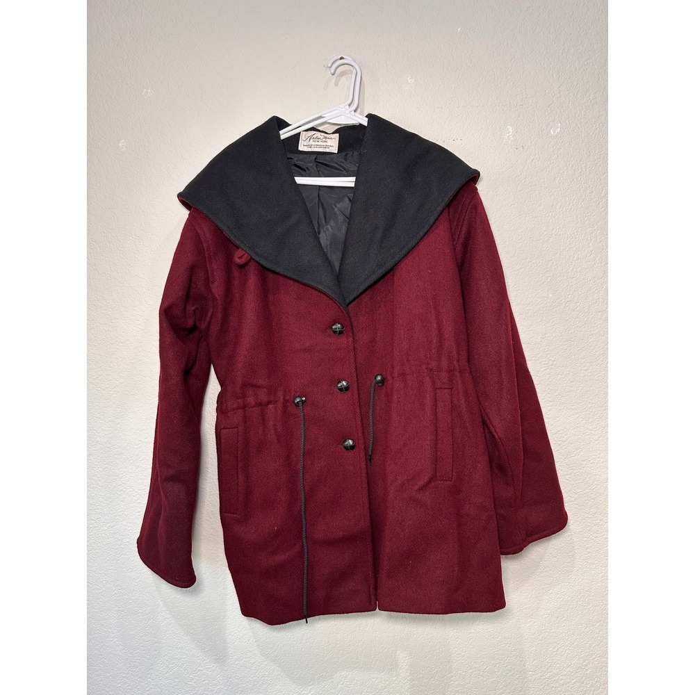 Andrea Marin New York Wool Blend Hooded Coat Burgundy Black Vintage Womens 13/14